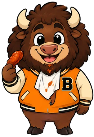 Stan, el búfalo de Spicy, con un ala en la mano